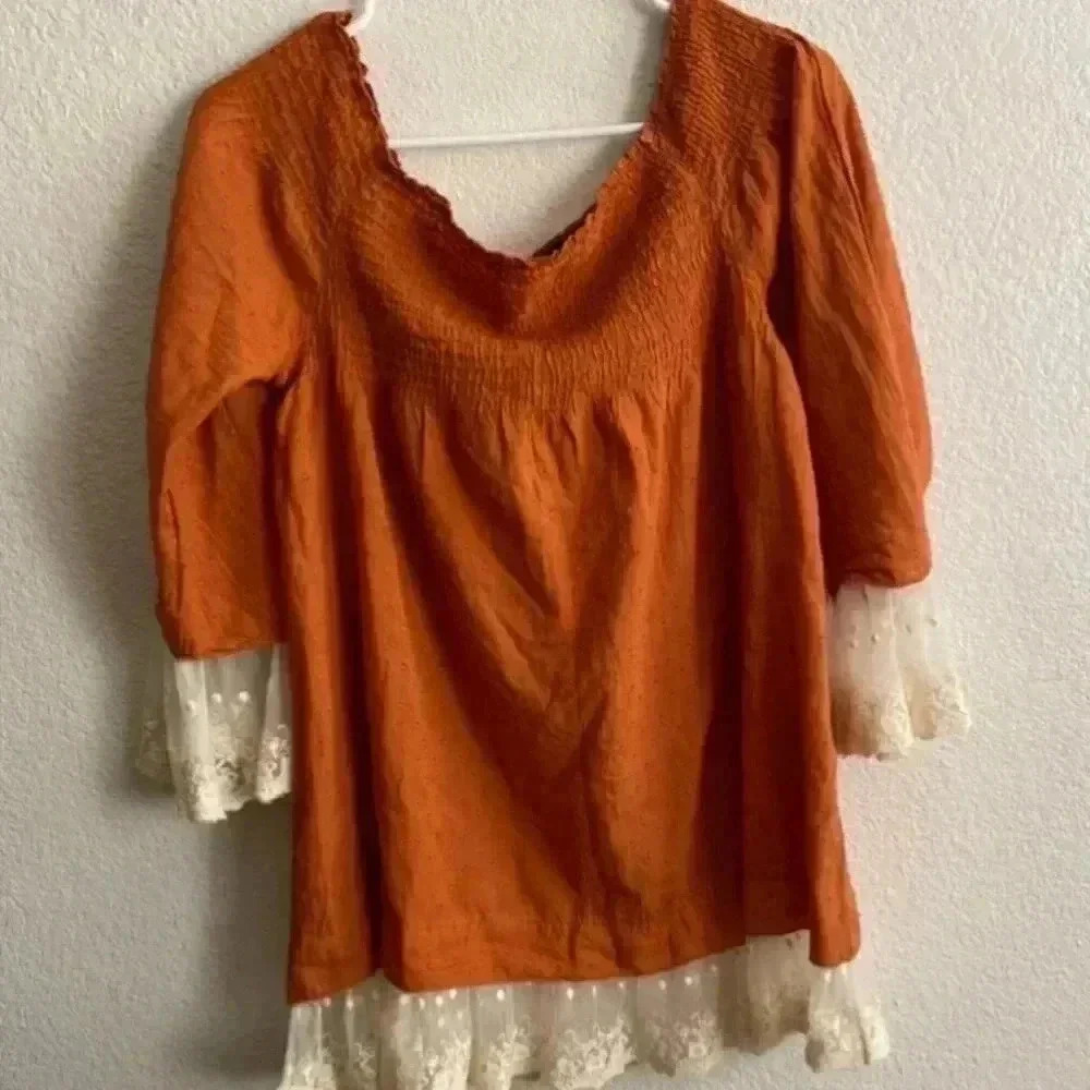 🆕Free People Tea Combo Rust Long Sleeve Smocked Off Shoulder Tunic Lace Edge M🆕 - Picture 5 of 9